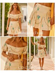 Aralina Boho Festival Floral Embroidered Ruched Off Shoulder Two Pieces Summer Set - White - View 9