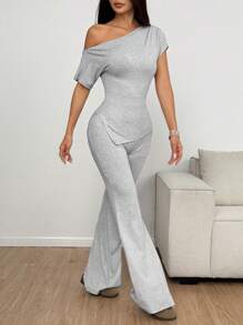 Lunelith SHEIN Lunessa Women's 2pcs/Set Women Casual Grey Asymmetric Ruched Hem Crop Top And Vintage Flared Pants, Stretchy, Soft, Simple Design For Spring/Summer Everyday Wear