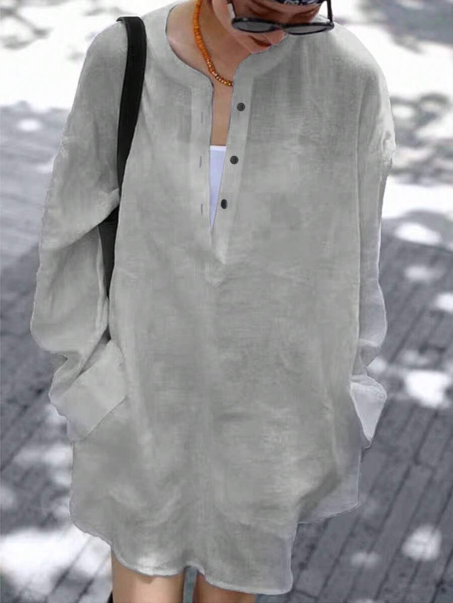 INAWLY Plus Size Women Solid Color Button Half Placket Drop Shoulder Casual Shirt - Grey - View 1