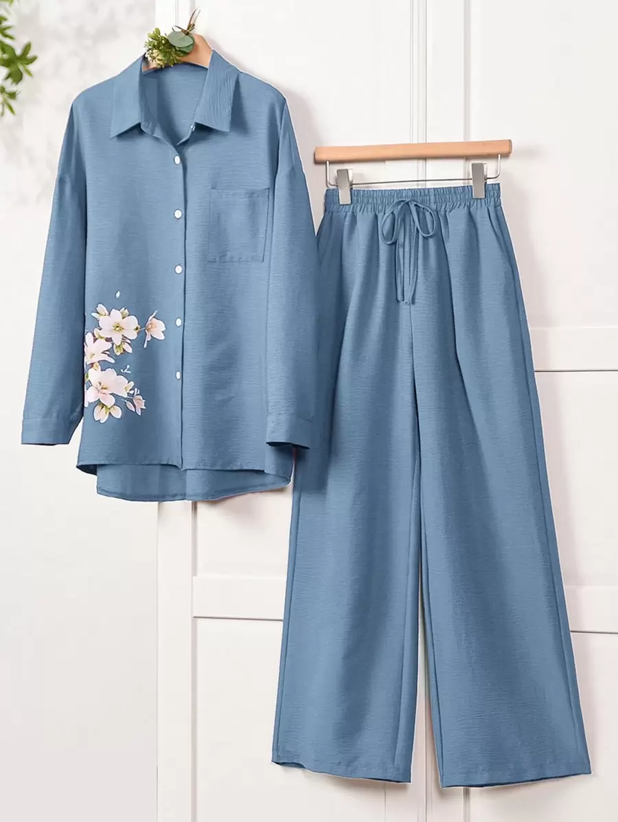 Rusticease 2pcs/Set Women Floral Print Long Sleeve Shirt And Wide Leg Pants Set