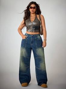 SHEIN ICON Quần jean ống đứng thêu rộng rãi, giặt thường ngày cỡ lớn phong cách cao bồi miền Tây mùa hè cho nữ - Rửa trung bình - Xem 4