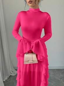 Firerie Women's Romantic Elegant High Neck Long Lantern Sleeve Ruffle Hem Dress - Pink - View 2