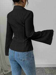 Selianne 1pc Women's French Style White V-Neck Collared Shirt, Cinched Waist Elegant Blouse, Autumn Fall Cloth For Women - Black - View 2