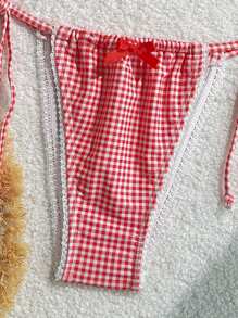 SHEIN Swim Women Random Plaid Print Spaghetti Strap Bow Ruffle Hem Cute Bikini Set, Beach Summer Bathing Suit Outfit - Pink - View 4