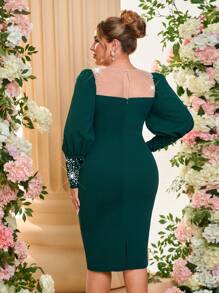 SHEIN Belle Plus Size Elegant Dark Green Vintage Puff Sleeve Long Sleeve Beaded Sheer Neck Midi Bodycon Evening Dress, Wedding Guest Dress, Party Dress, For Cocktail