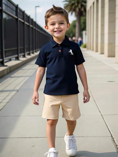SHEIN Young Boy Horse Printed Polo Shirt And Shorts Set Summer Holiday