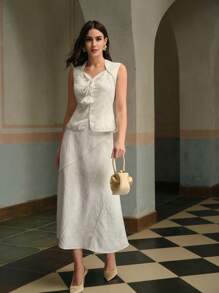ZEYLAH Women's Textured Jacquard Diagonal Patchwork Seam A-Line Midi Skirt, Summer White Skirt - White - View 5