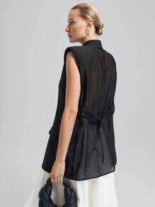 Ontre Women's Sleeveless Office Blazer With Contrast Fabric And Belt Design, Black, Thin Fabric, Elegant And Professional Look, Suitable For Commute, Spring/Summer - Black - View 1