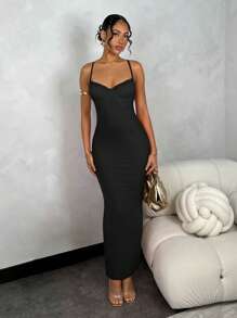 SHEIN BAE 女士纯色加长胸围撞色紧身网眼毕业季连衣裙