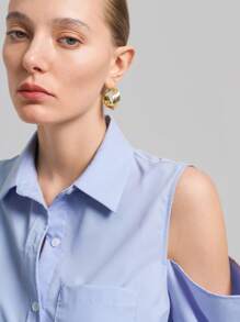 Ontre 2025 Women Off Shoulder Long Sleeve Single Button Casual Pocket Shirt - Blue - View 5
