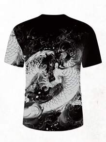 Manfinity Roughcore 时尚休闲中国水墨画龙元素印花男士修身短袖 T 恤，适合作为送给男朋友的礼物 - 黑色 - 查看 2