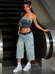 SHEIN ICON Quần Jeans Cargo Dài 3/4 Phong Cách Đường Phố Kiểu Mỹ Cho Nữ - Màu xanh lam - Xem 3