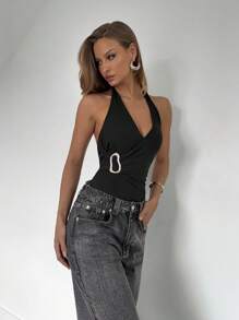 Roylia Women's Metal Button Knitted Halter Bodysuit - Black - View 4