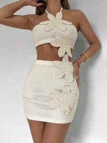 Roylia 2pcs Women Holiday Solid Color Hollow Textured 3D Embroidery Halter Top + Mini Skirt Set