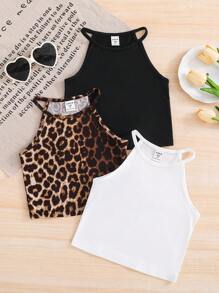 Young Girl 3pcs Set: Solid Color Knitted Sleeveless Top + Striped Knitted Sleeveless Top - Black - View 1