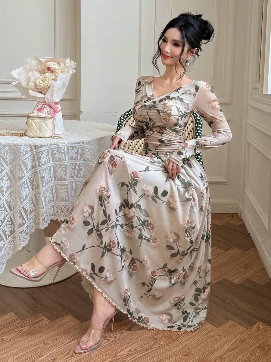 DAZY 2 件套女士夏季玫瑰印花网眼荷叶边露肩上衣和裙子套装，秋季女装 - 杏色 - 查看 1