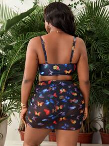 SHEIN Swim Curve Plus Size Women 3pcs Swimwear Set: Butterfly Print Tie Front Adjustable Strap High Waisted Bottoms, Mesh Side Drawstring Sarong Skirt, Stylish And Elegant Beach Resort Swimwear - Multicolor - View 2