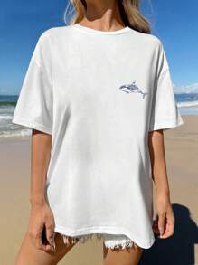 Tseoso 超大号休闲“尊重当地人”海洋度假印花鲸鱼、海龟和海洋生物图案 T 恤，柔软棉混纺（>=50% 棉），适合夏季