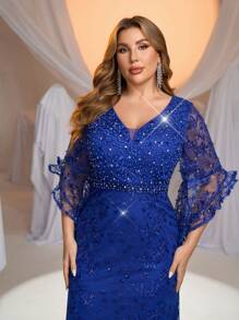 Glamrae Plus Size Lotus Pink Beaded & Rhinestone Adorned Ruffled Sleeve Lace Mermaid Formal Gown, Elegant Evening Dress For Gala - Royal Blue - View 2
