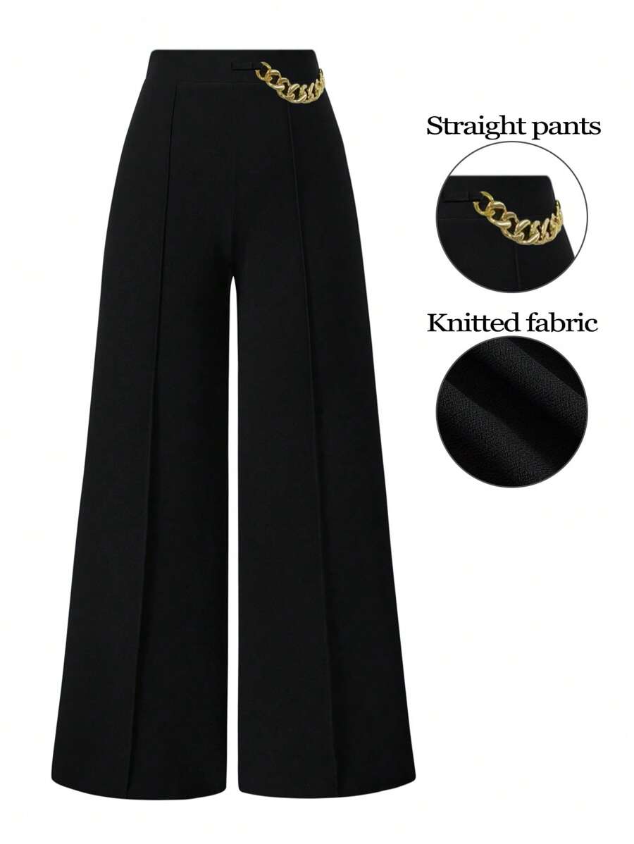 SHEIN Clasi Women's Minimalist Office Pants With Chain Decor - Black - View 1