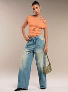 SHEIN BAE Women Spring Summer Asymmetric Ruched Asymmetric Neck Solid Top - Coral Orange - View 3