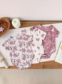 Baby Girl New Stylish Cute Ditsy Floral Elegant Bodysuit Set, Soft Fabric Suitable For Indoor And Outdoor Activities, Spring/Summer - Multicolor - View 1