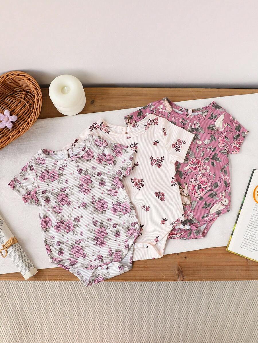 Baby Girl New Stylish Cute Ditsy Floral Elegant Bodysuit Set, Soft Fabric Suitable For Indoor And Outdoor Activities, Spring/Summer - Multicolor - View 1