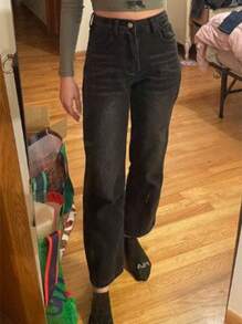 SHEIN PETITE 女士休闲水洗斜口袋直筒牛仔裤 - 黑色 - 查看 7