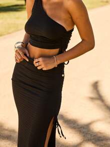 Aralina Black Drawstring Side Ruched High Waist Split Maxi Vacation Skirt - Black - View 4