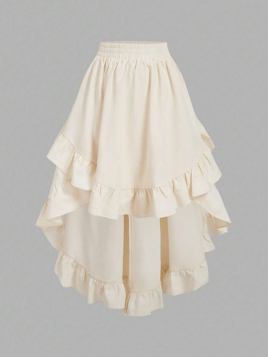 SHEIN MOD Women's Apricot Ruffle Hem Skirt, Retro Black Layered A-Line Skirt - Apricot - View 1