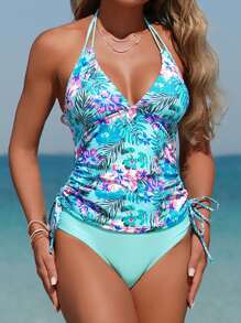 Swim Lushoire Women's 2 Pieces Tankini Swimwear Set, Halter Neck With Adjustable Straps, Drawstring Waist, V-Neck Flatter Design, Casual & Comfortable For Vacation Swimming For Summer