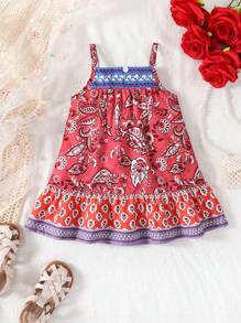 Vestito da bambina/neonata senza maniche 2025, nuovo vestito estivo rosso con stampa floreale retrò per vacanze