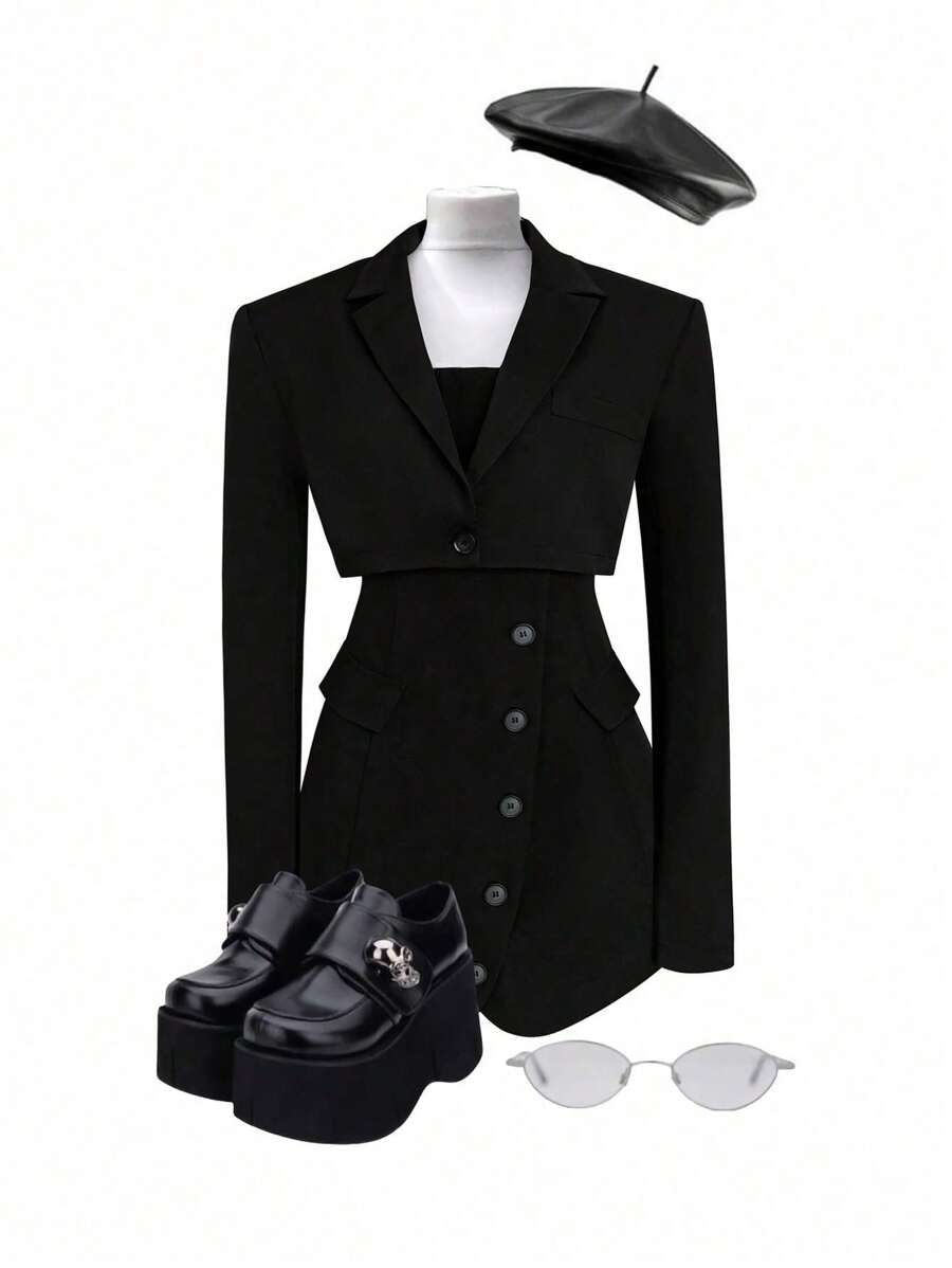 SHEIN Unity 女士休闲露肩设计连衣裙和长袖夹克 2 件套装，秋冬