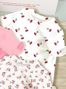 SHEIN 3pcs/Set Baby Girl Casual Cherry & Ditsy Floral Round Neck Short Sleeve T-Shirts, Suitable For Spring & Summer - Multicolor - View 5