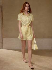 MOTF PREMIUM 孔眼刺绣纽扣上衣 & 斜口袋短裤 - 黃色 - 查看 6