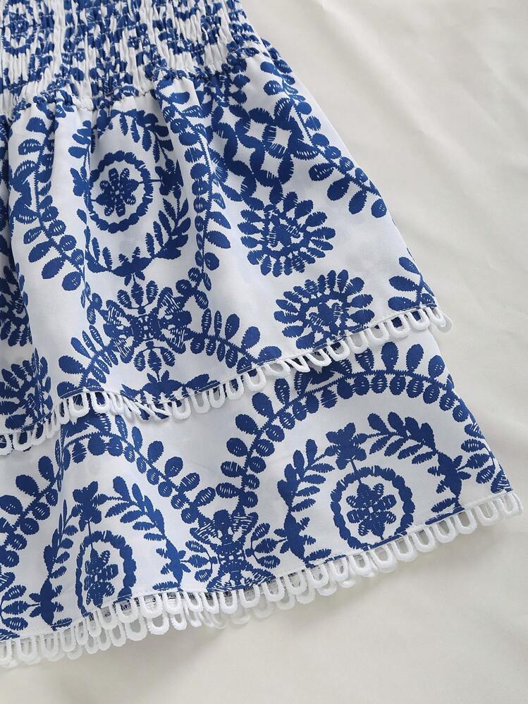 Elamini Women's Navy Open Shoulder Design Ruched Elastic Cinched Waist Hollow-Out Embroidered Ruffled Hem Bohemian Style Elegant A-Line Short Dress. Spring/Summer. Vacation Style. - Navy Blue - View 5