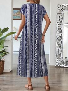 EMERY ROSE Robe longue décontractée pour femme avec col rond, manches chauve-souris et motif géométrique rayé, idéale pour les vacances