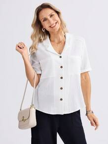 Miaspire Damen weiße Kurzarm Lässig Bluse mit Brusttasche, Frühling/Sommer