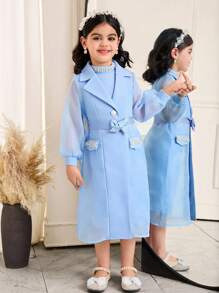 SHEIN 2pcs/Set Young Girl Elegant Lapel Collar Long Sleeve Belted Jacket & Sleeveless Dress Set - Blue - View 3