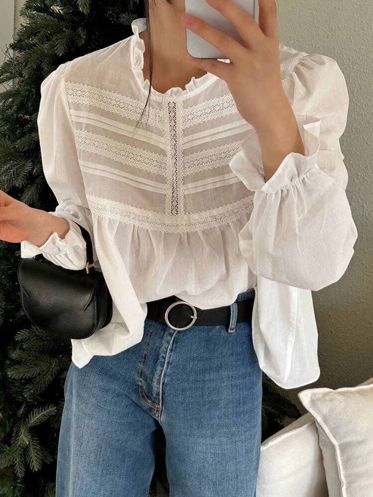 Women's Stand Collar Lace Spliced Solid Color Shirt,Long Sleeve Tops,Ruffle,Fall Clothes