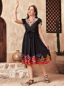 SHEIN Teen Girl Elegant Minimalist Round Neck Ruffle Sleeve Retro Pattern Midi Dress - Black - View 3