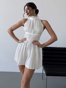 Firerie 浪漫优雅褶皱露背系腰 A 字褶皱白色短款连体裤，适合情人节、婚礼季、约会、通勤、度假、街头风格、春夏 - 白色 - 查看 4