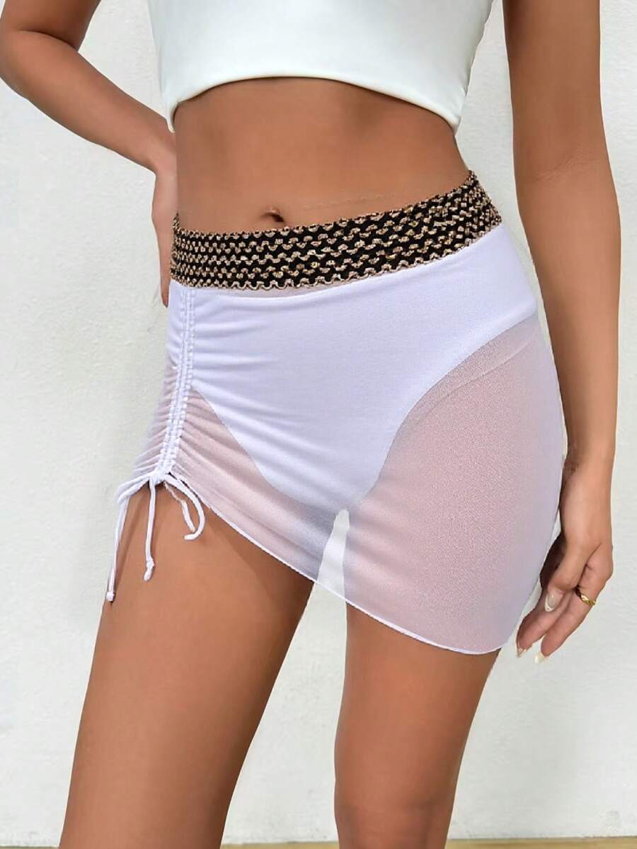 SHEIN Swim Beach Summer Outfits For Women White Mesh Sheer Beach Sarong Skirt - White - View 1