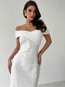 Firerie Women's Elegant Simplistic Romantic Charm Sexy Off Shoulder Textured Tight-Fitting White Mini Dress, Suitable For Wedding Guest, Party, Music Festival, Dates, Vacation And Everyday Wear, Spring/Summer - White - View 3