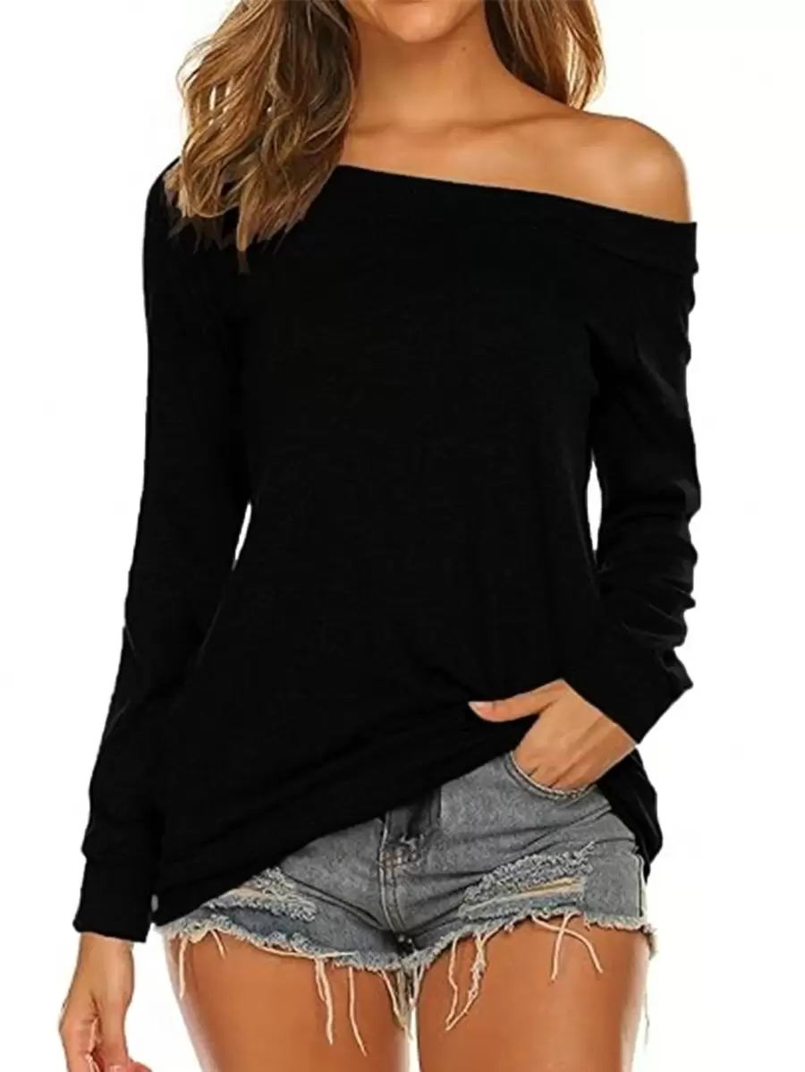 女士休闲百搭纯色长袖 T 恤 - 黑色 - 查看 1