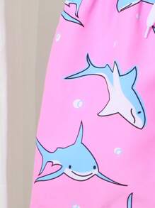 Tween Boy Summer Beach Swimsuit, Cartoon Shark Print Elastic Waist Drawstring Beach Shorts - Pink - View 5