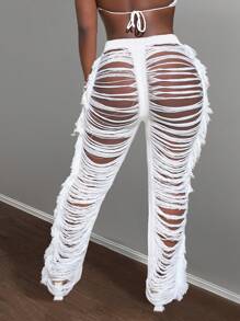 Slaydiva Sexy White Knit Fringe Pants: Tassel Cut Out Hollow Out Beach Cover Up Trousers For Women - White - View 8