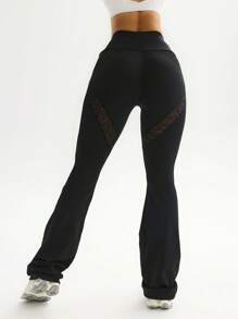 Easithlete 休闲高端复古豹纹网眼拼布紧身弹力修身运动/健身紧身裤，百搭修身优雅腰部塑身提臀，适合户外、瑜伽、日常穿着 - 黑色 - 查看 5