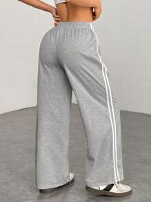 SHEIN PETITE 休闲撞色侧条纹直筒运动裤 - 灰色 - 查看 2