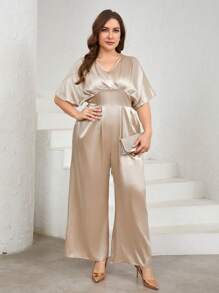 SHEIN Privé Jumpsuit Wanita Ukuran Besar dengan Detail Berkilau dan Kaki Lebar, Warna Aprikot - Aprikot - View 6